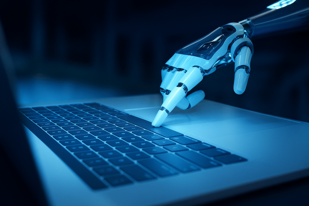 Close-up 3D illustration of a robotic hand typing on a laptop keyboard, highlighting artificial intelligence and automation in modern business workflows.