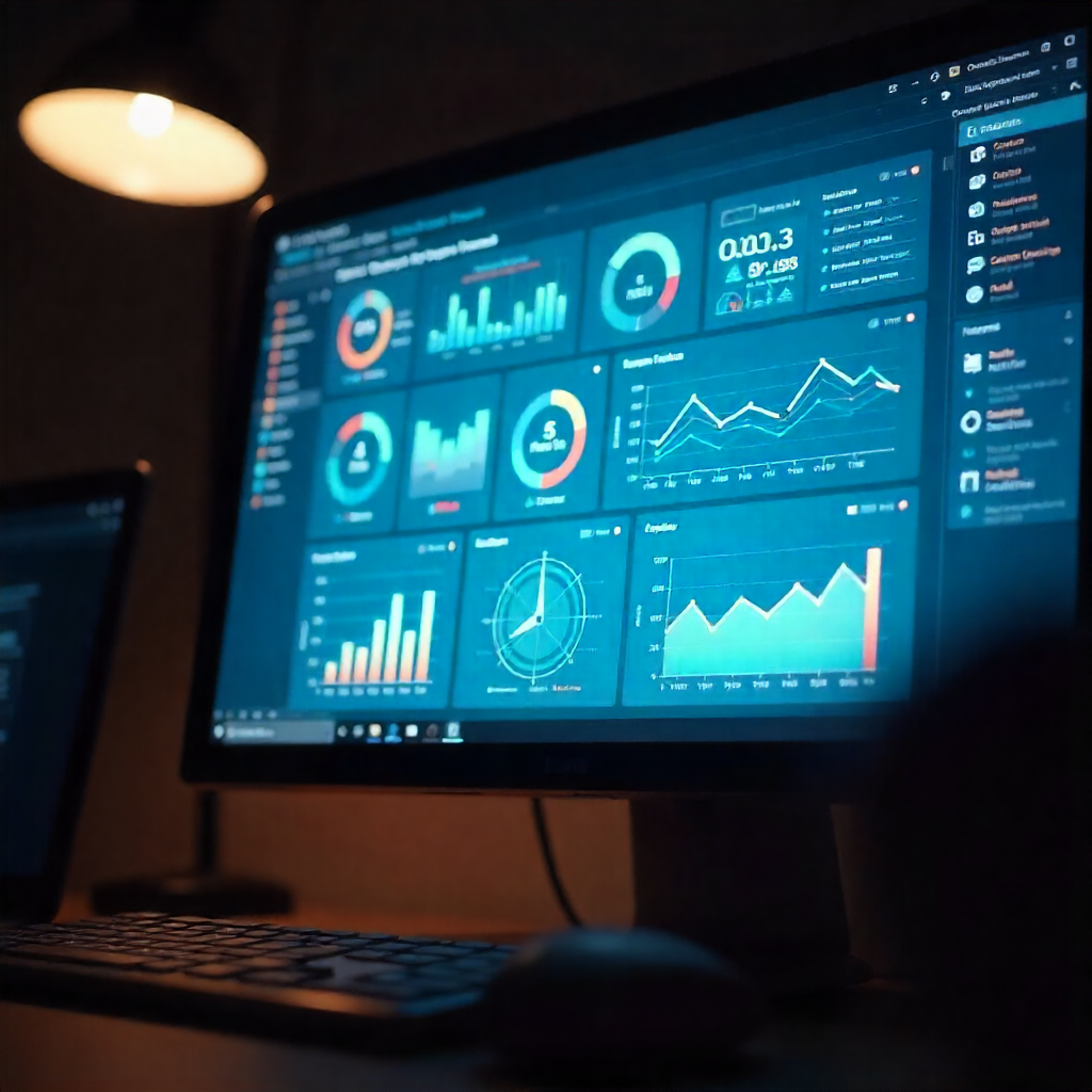 Computer monitor displaying digital marketing dashboards and analytics for PPC campaign management.