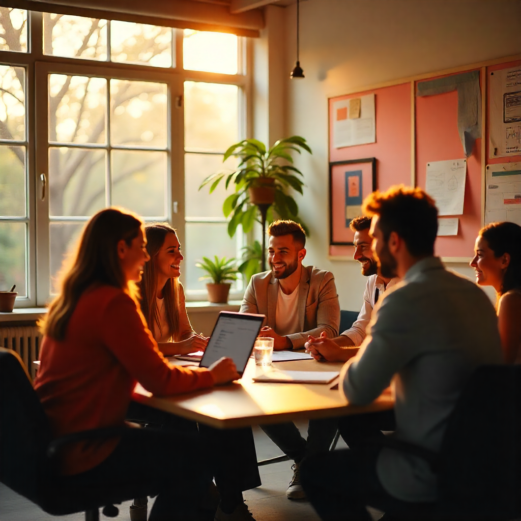 Team collaborating around a table in a creative workspace, discussing social media strategies.
