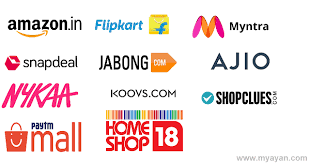 Logos of popular Indian e-commerce websites including Amazon, Flipkart, Myntra, Snapdeal, Jabong, AJIO, Nykaa, Koovs, Shopclues, Paytm Mall, and HomeShop18